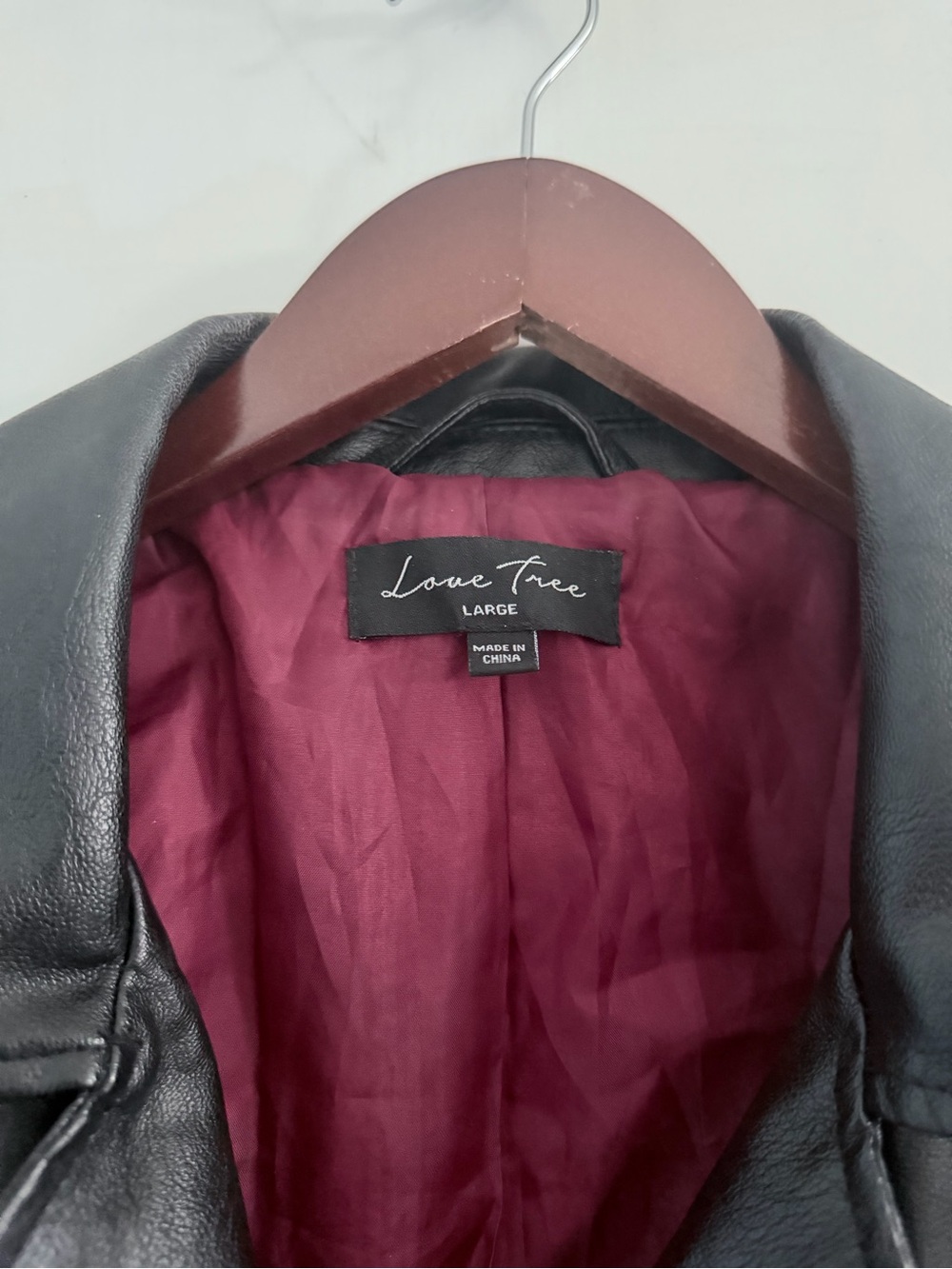 Love Tree Black Faux Leather Moto Jacket with Burgundy Lining - Picture 2 of 3